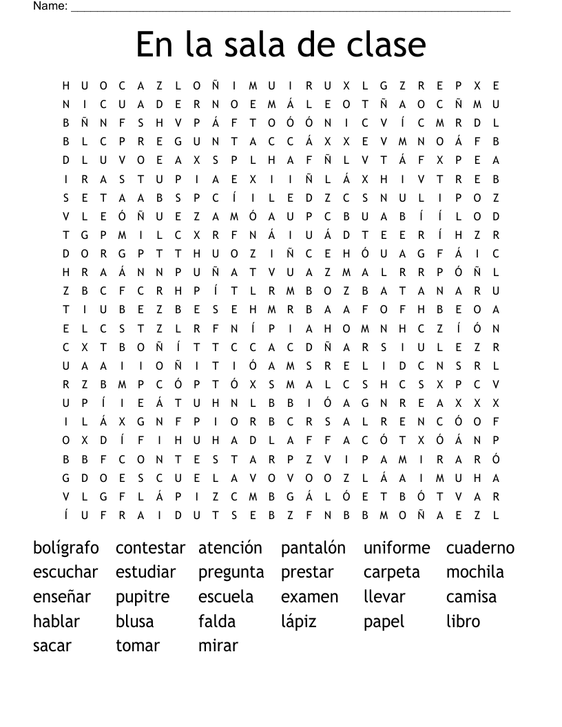 En la sala de clase Word Search