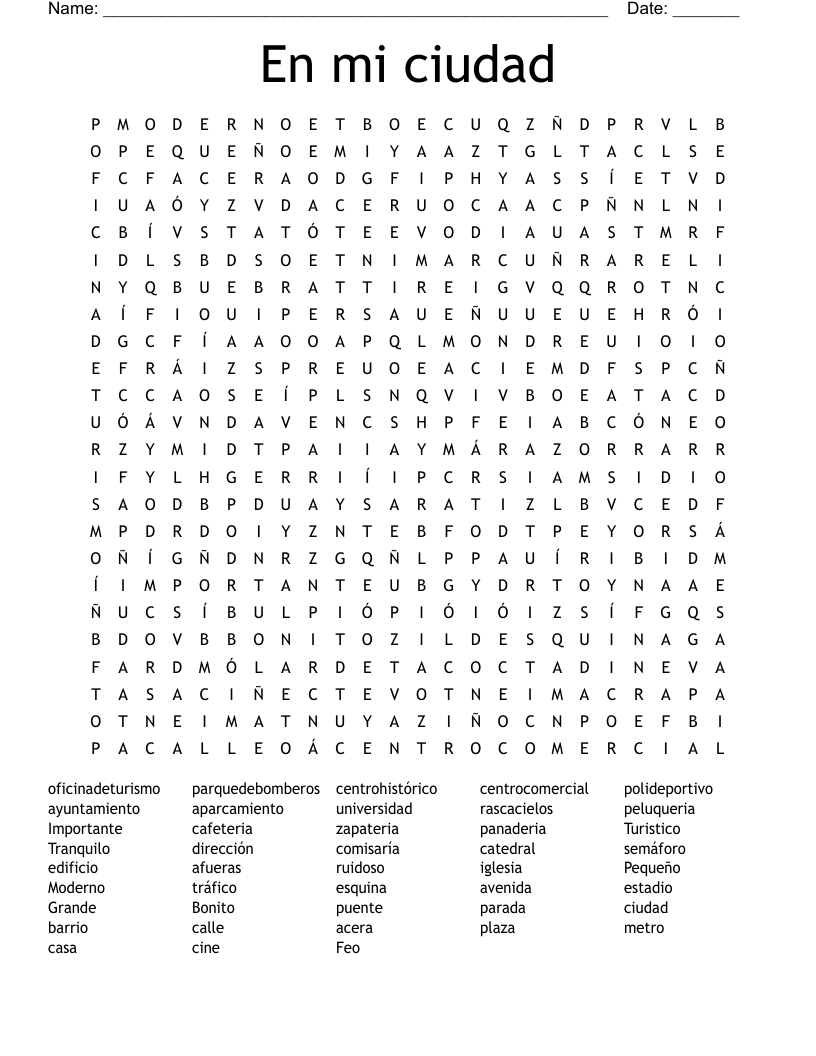 En mi ciudad Word Search