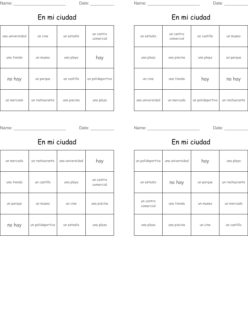 En mi ciudad Bingo Cards