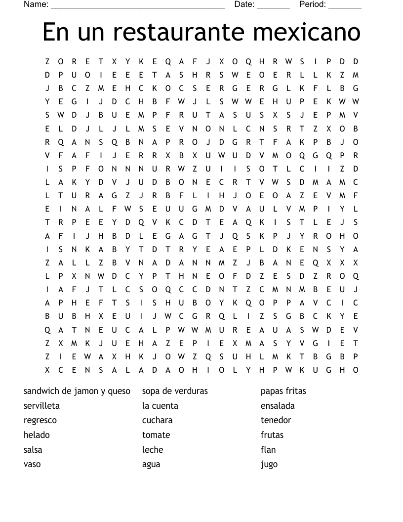 En un restaurante mexicano Word Search