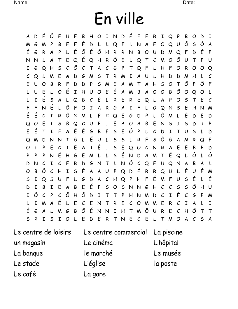 En ville Word Search