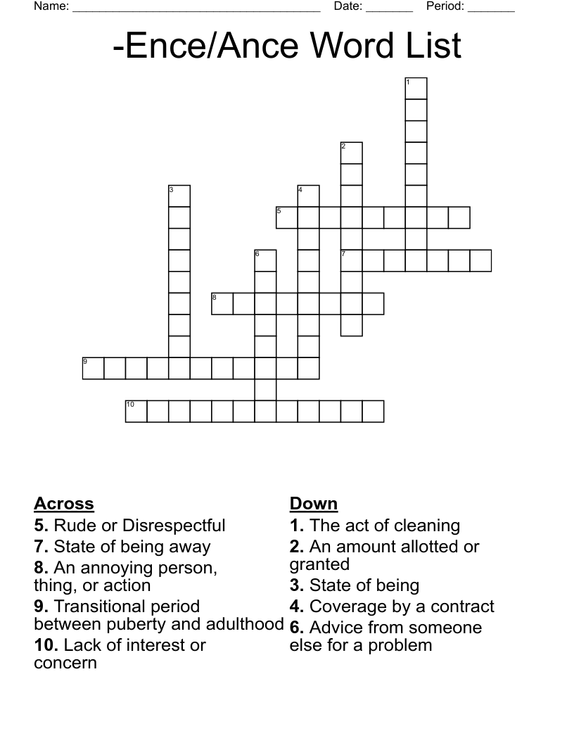 -Ence/Ance Word List Crossword