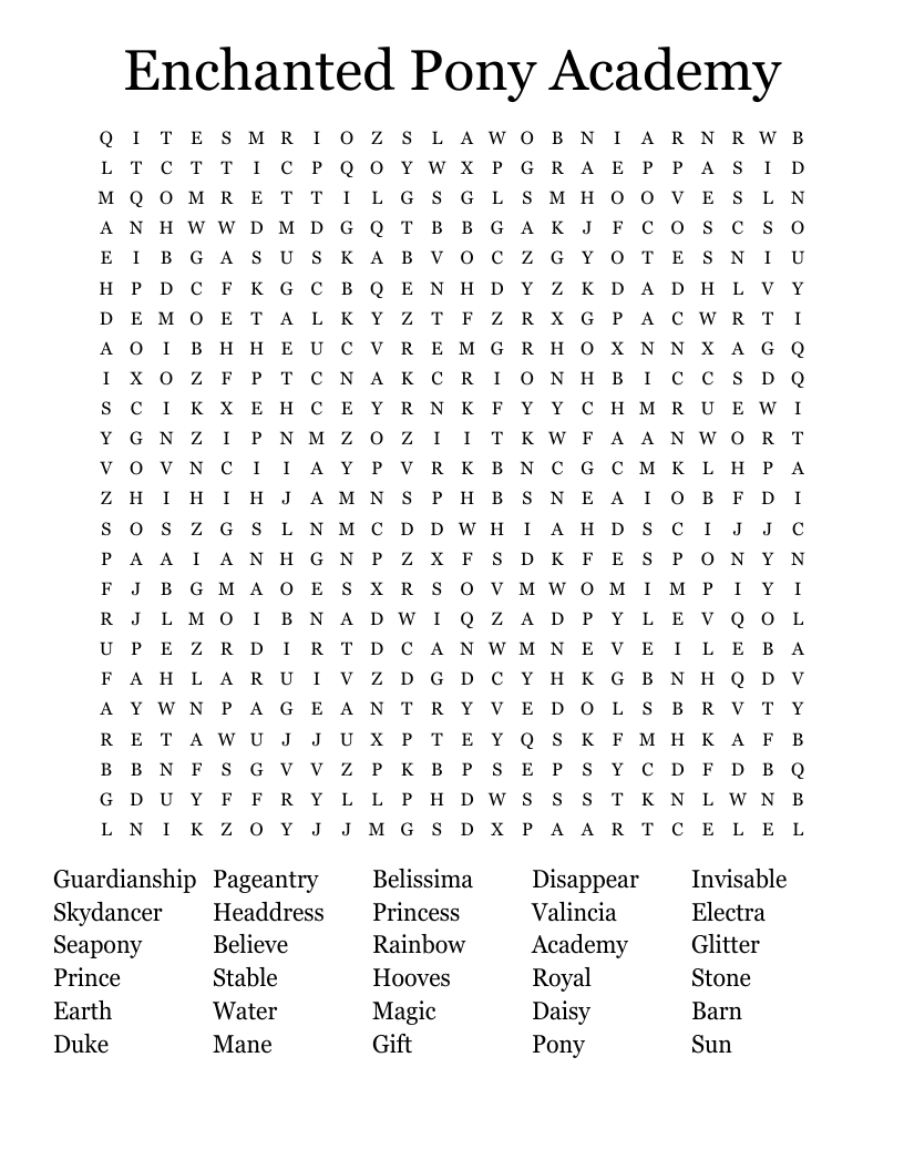 Enchanted Pony Academy Word Search