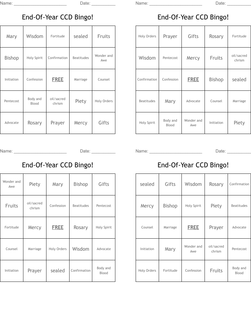 End-Of-Year CCD Bingo!