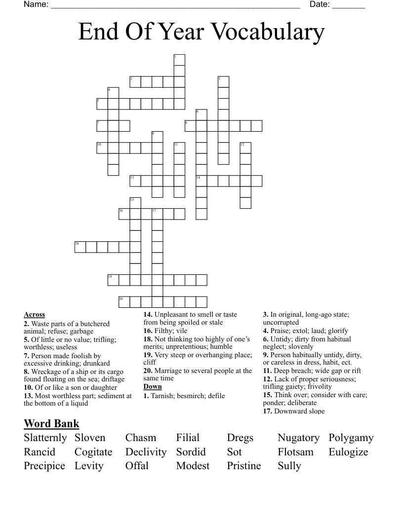 End Of Year Vocabulary Crossword