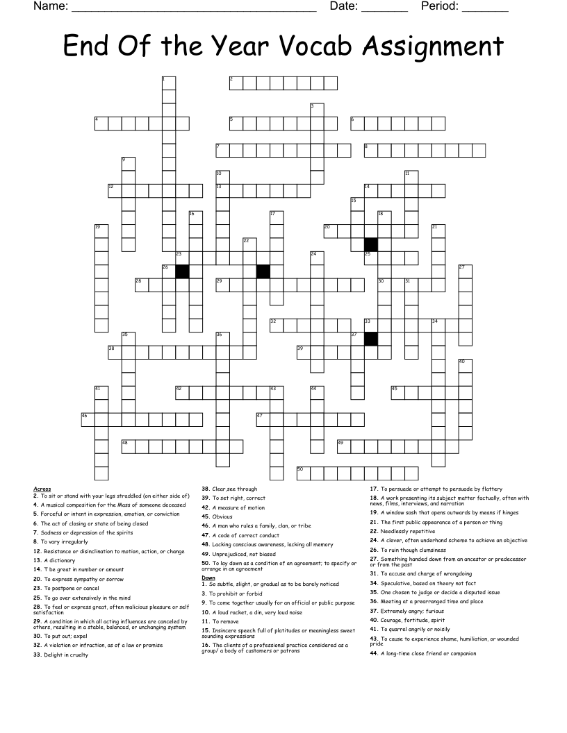 End Of the Year Vocab Assignment  Crossword