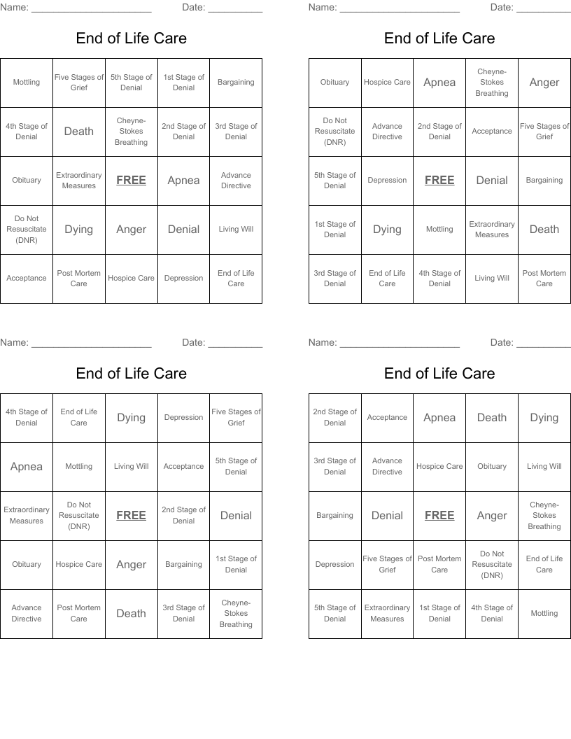 End of Life Care Bingo Cards