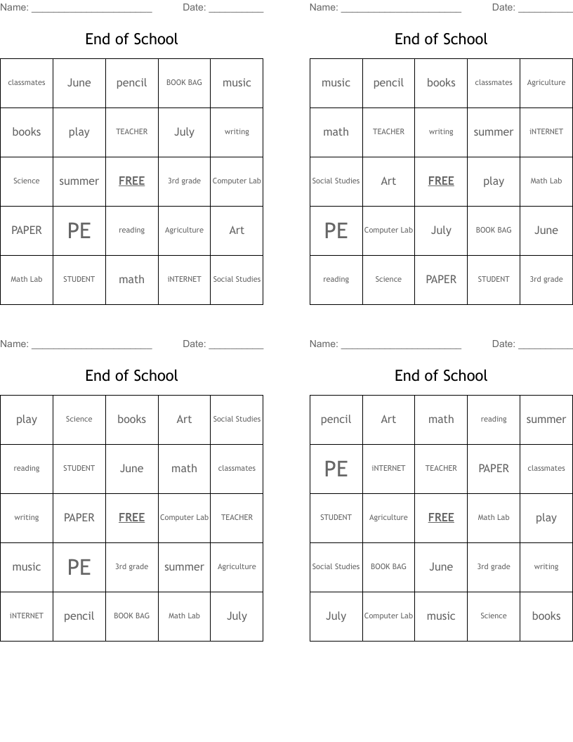 End of School Bingo Cards