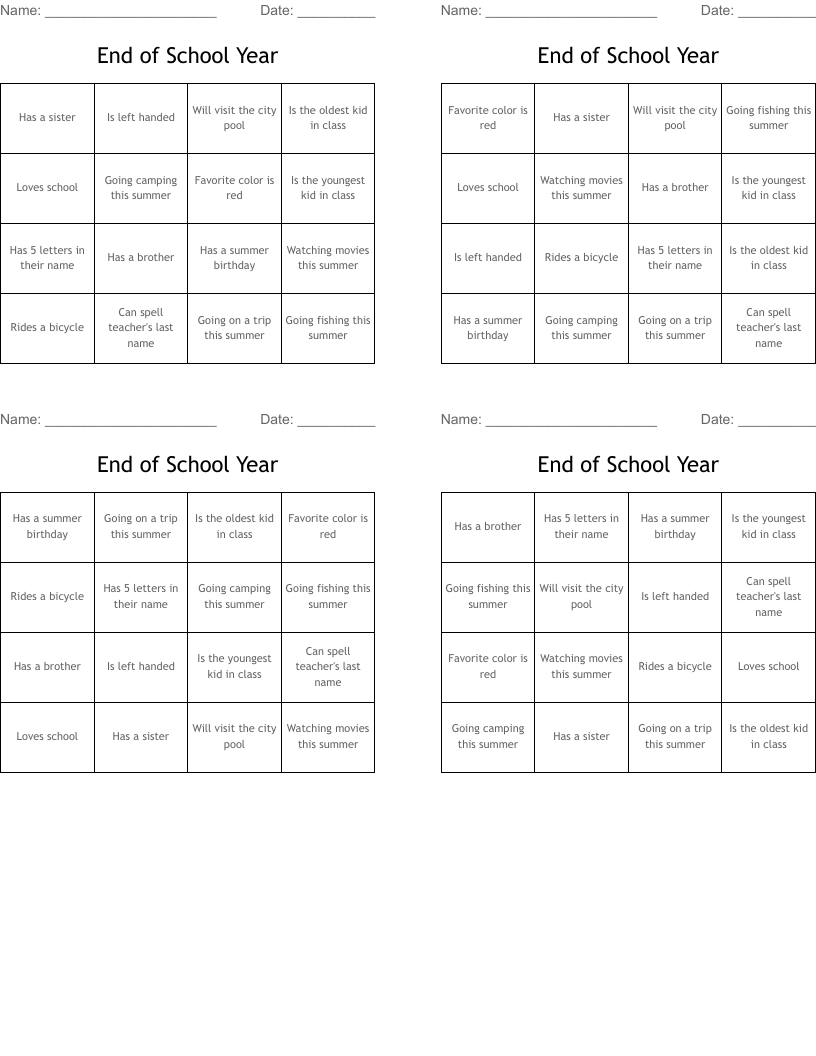 End of School Year Bingo Cards