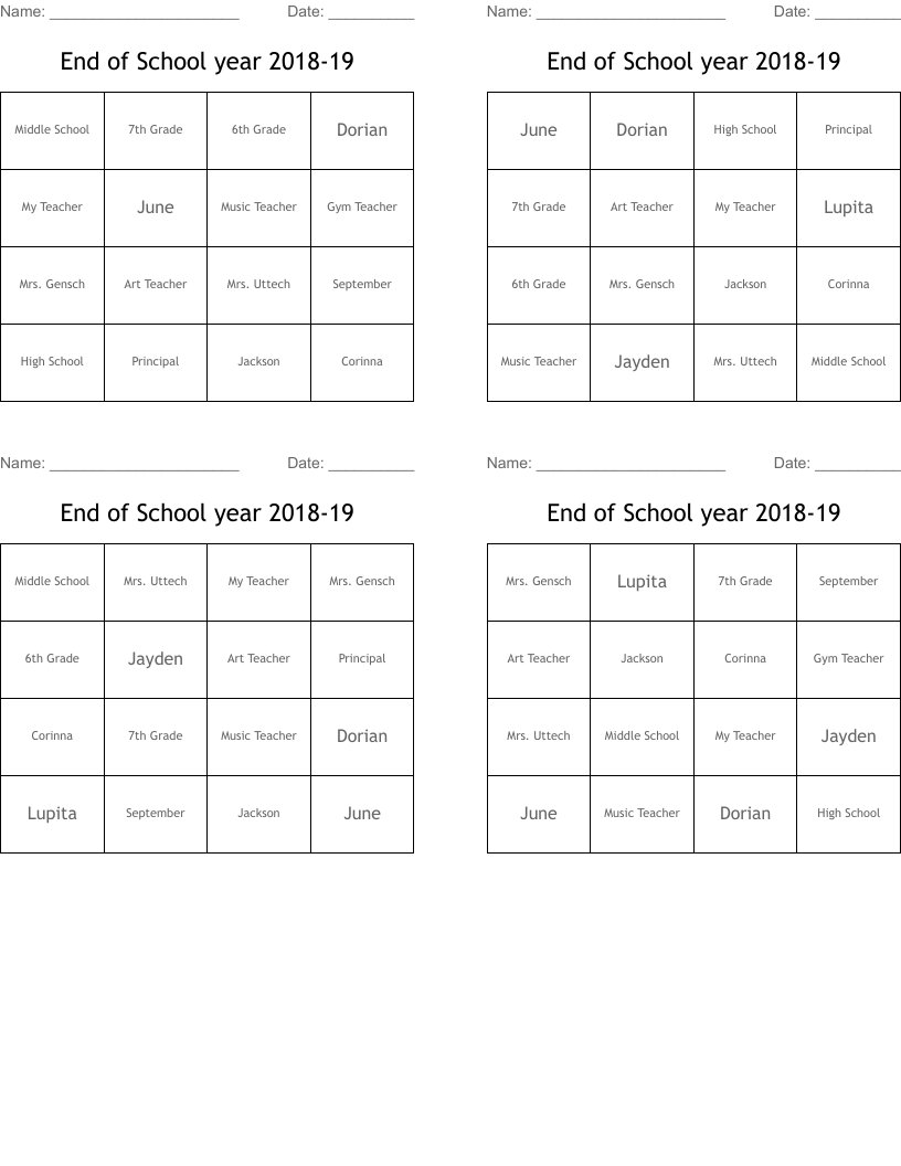 End of School year 2018-19 Bingo Cards