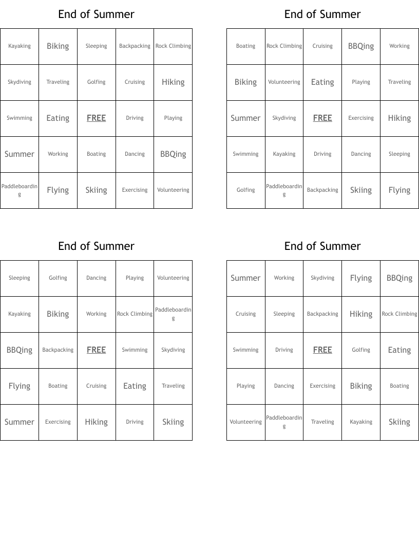 End of Summer Bingo Cards