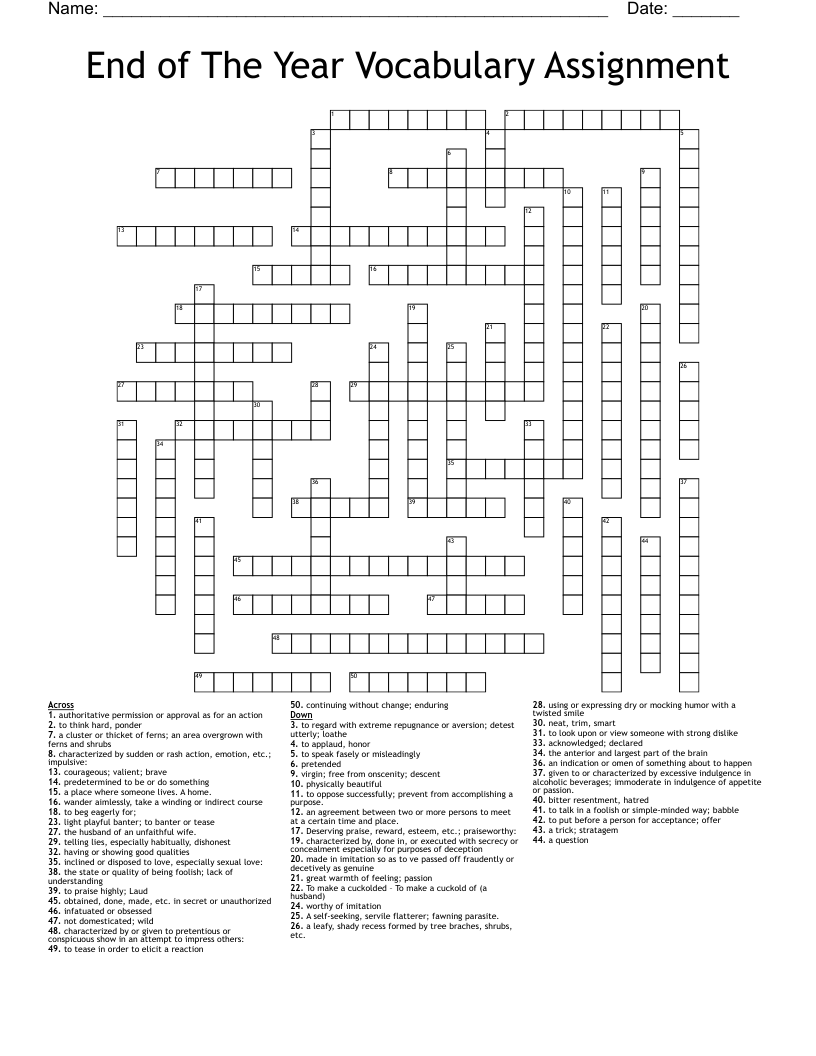 End of The Year Vocabulary Assignment Crossword