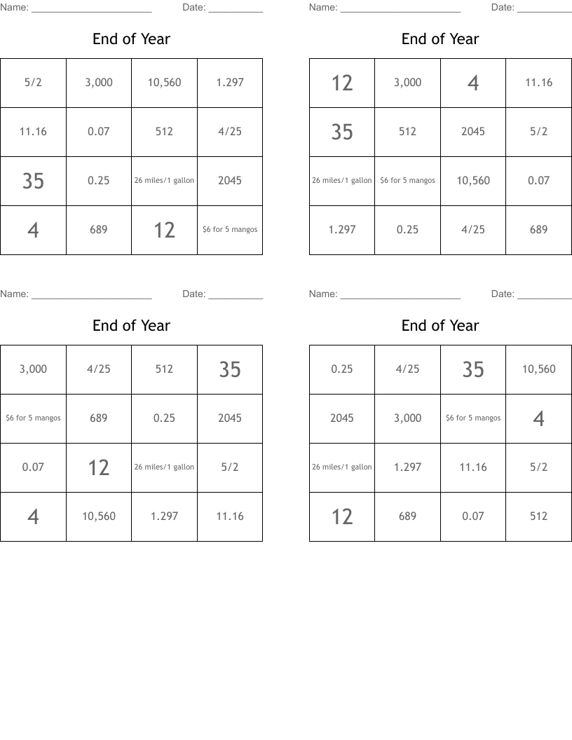 End of Year Bingo Cards
