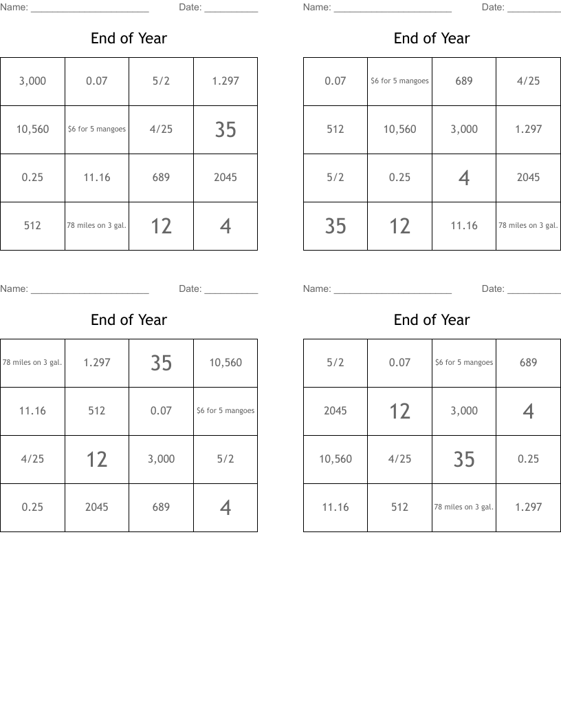 End of Year Bingo Cards