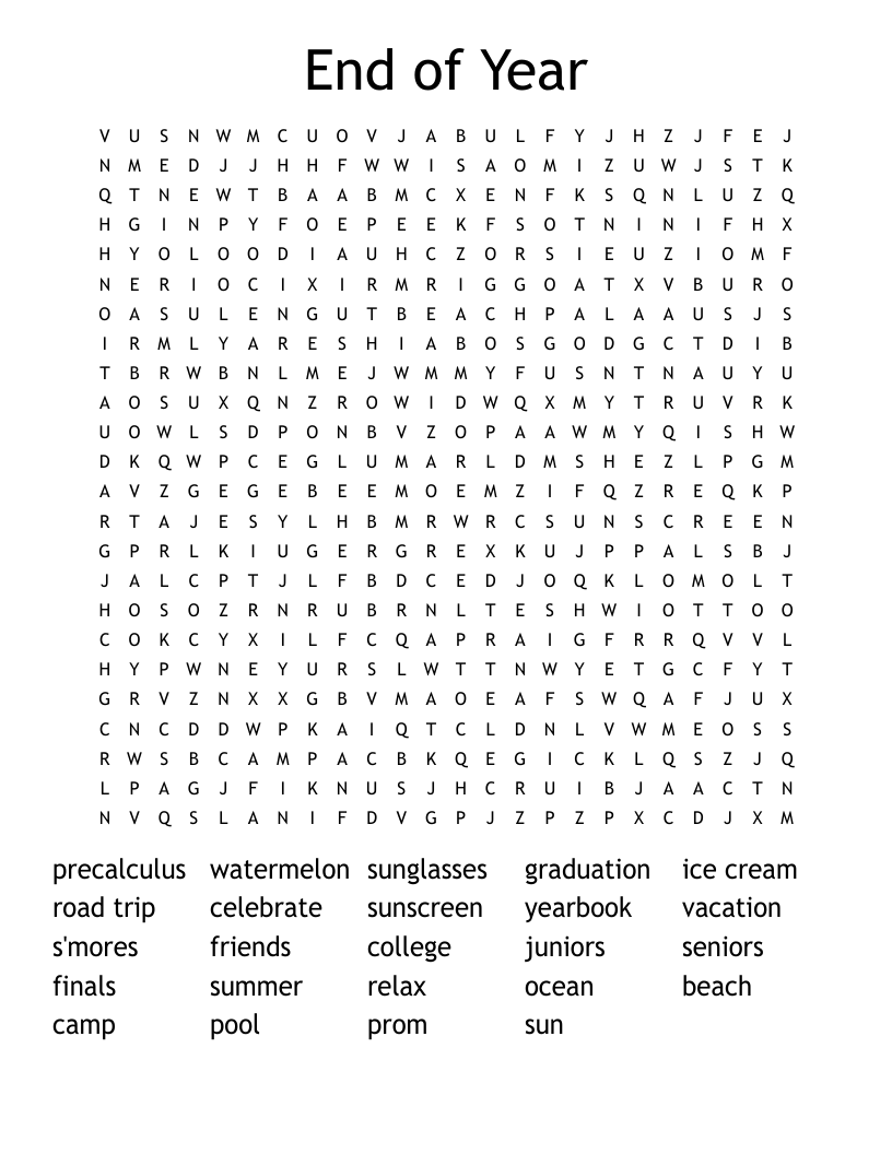 End of Year Word Search