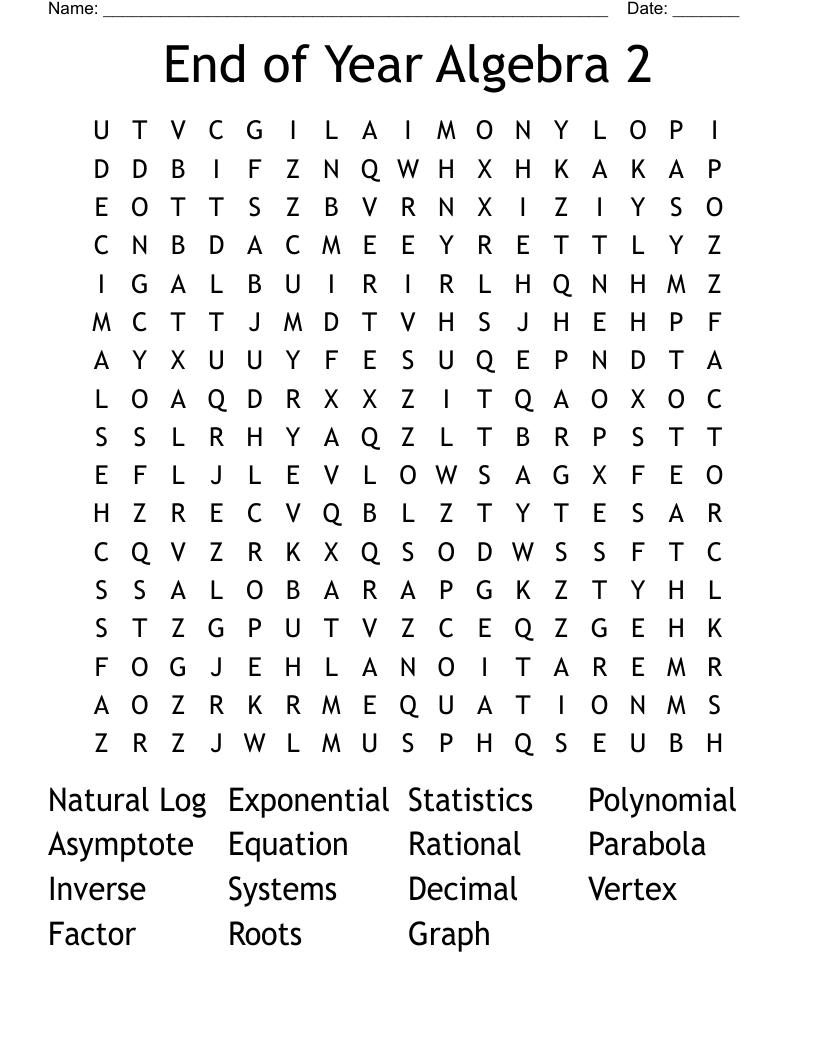 End of Year Algebra 2 Word Search