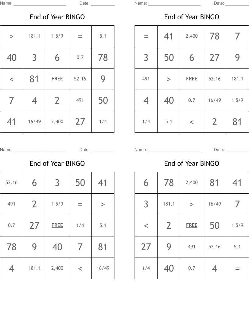 End of Year BINGO