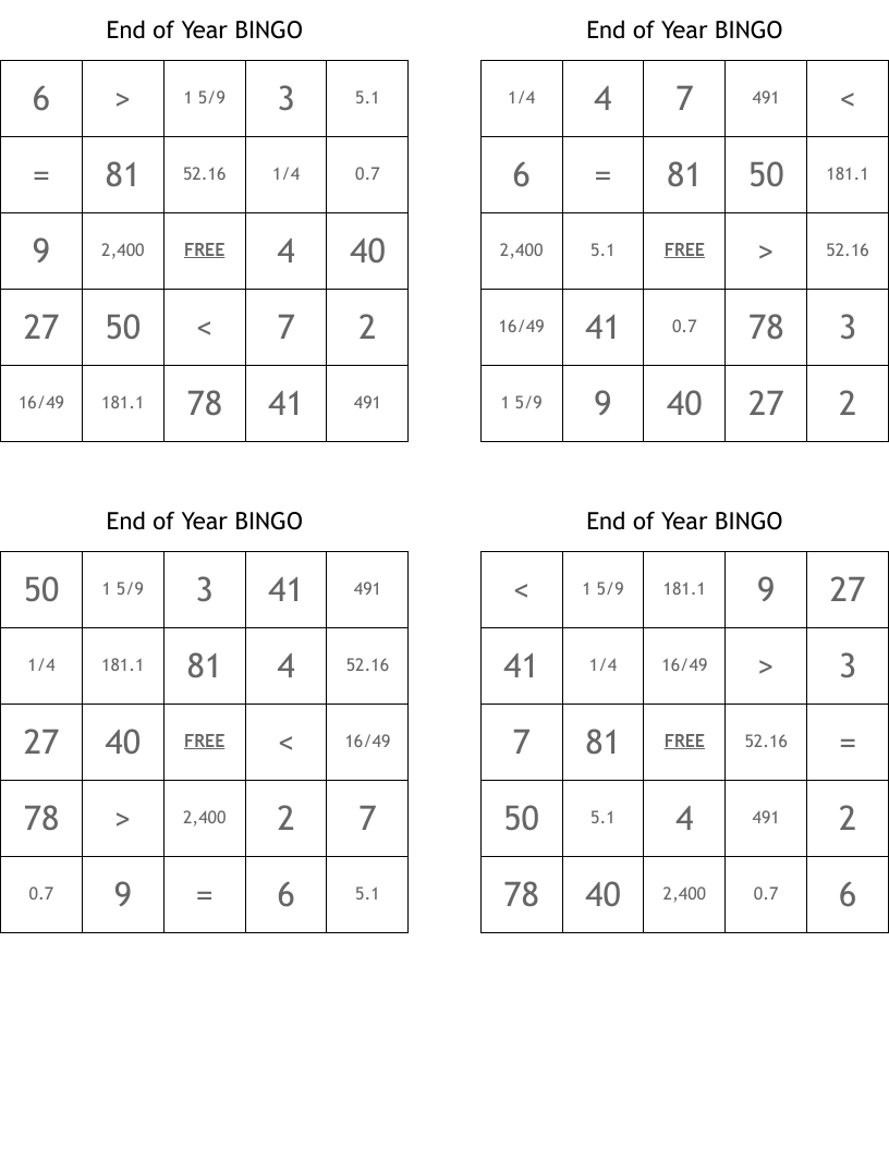 End of Year BINGO