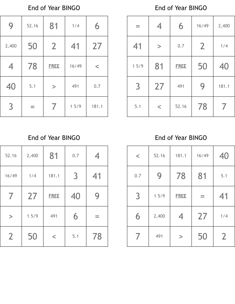 End of Year BINGO