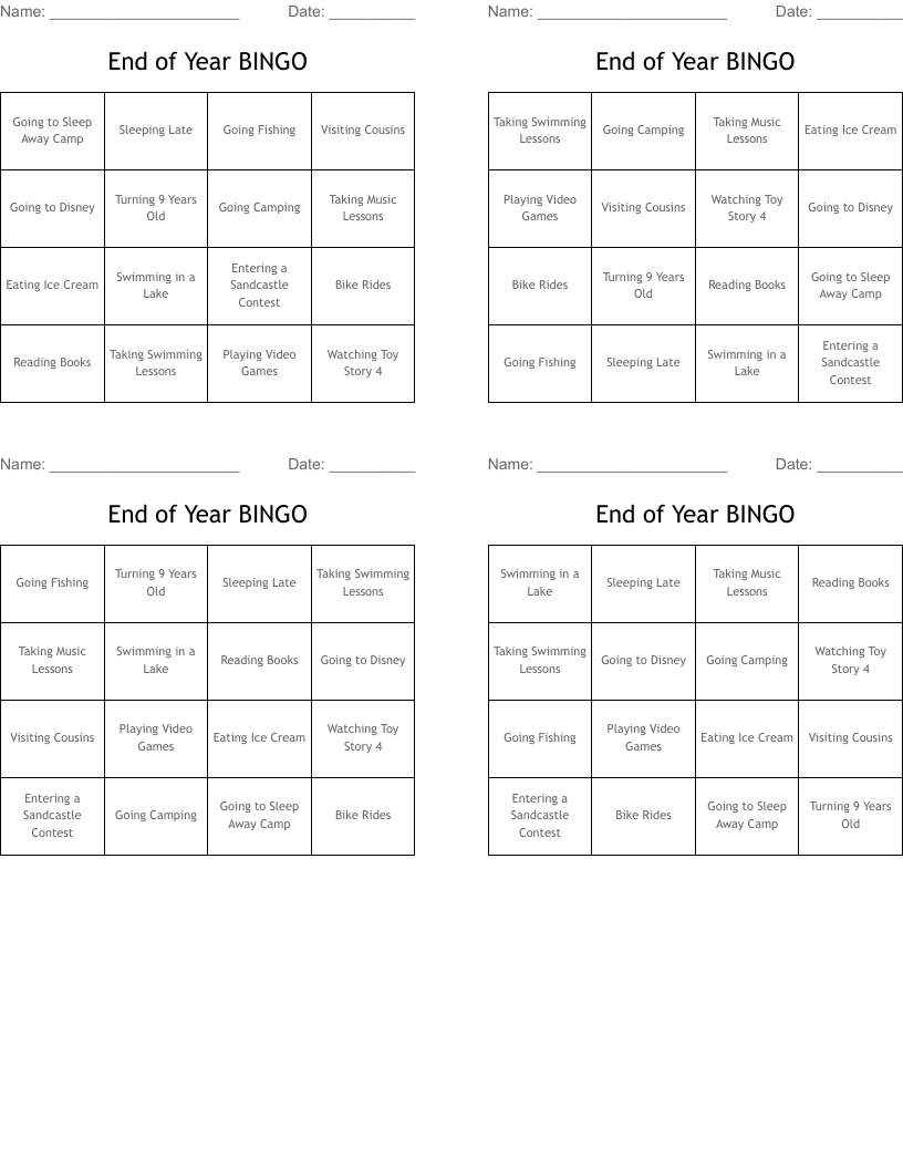 End of Year BINGO