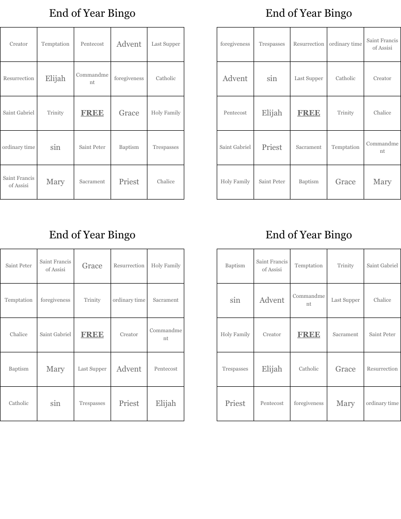 End of Year Bingo