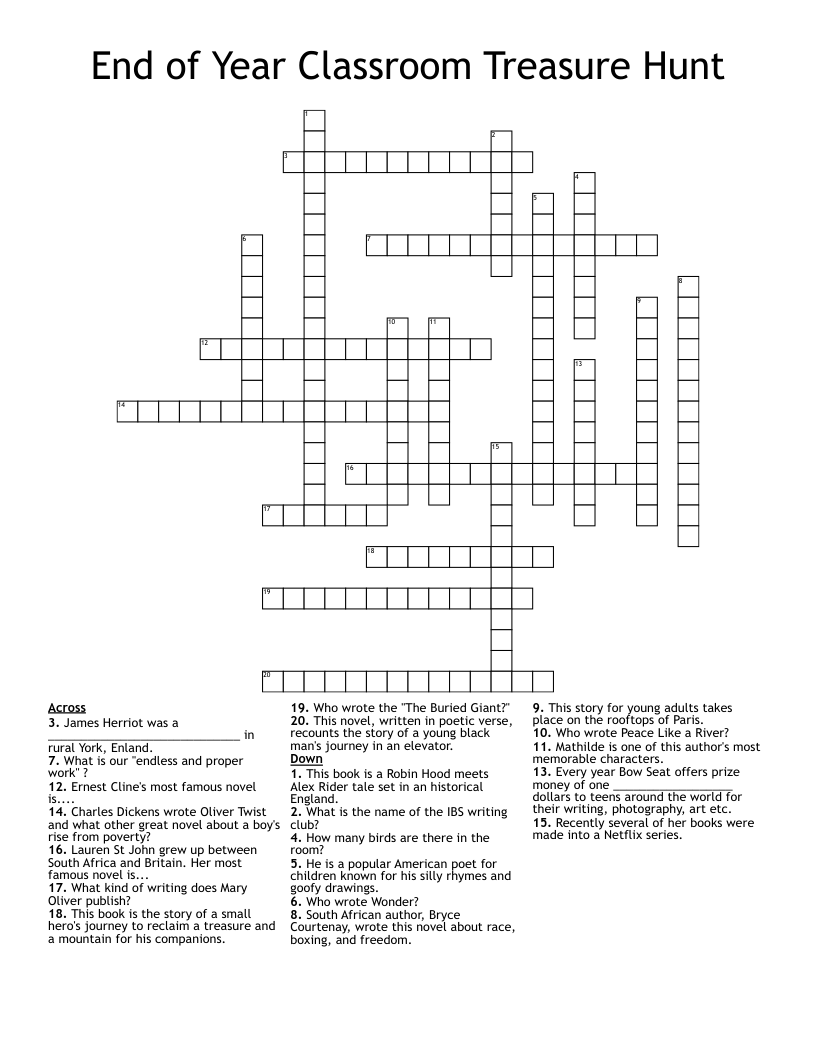 End of Year Classroom Treasure Hunt  Crossword