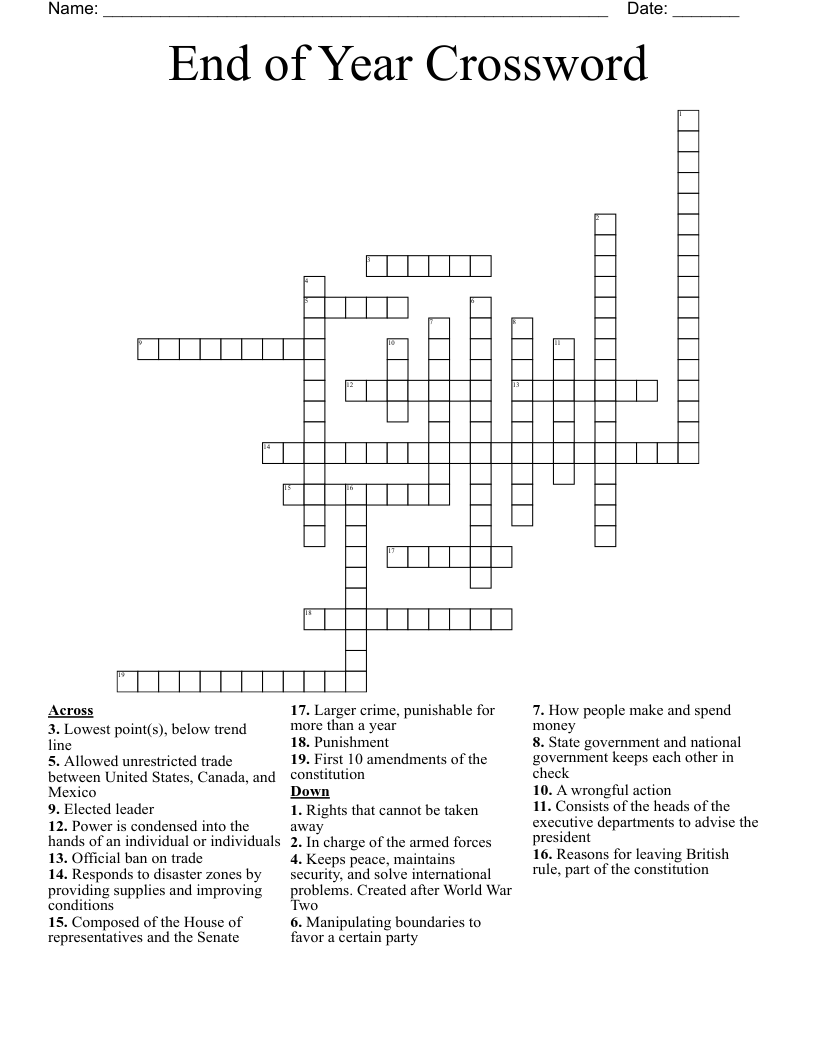 End of Year Crossword