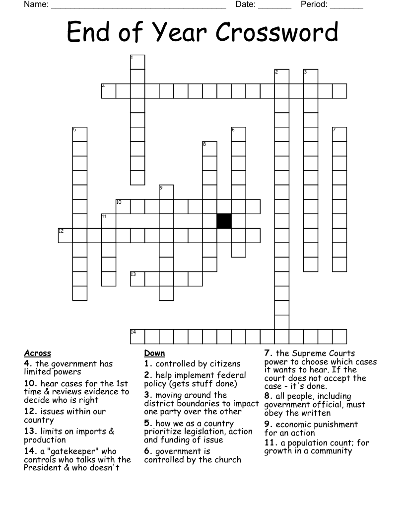 End of Year Crossword