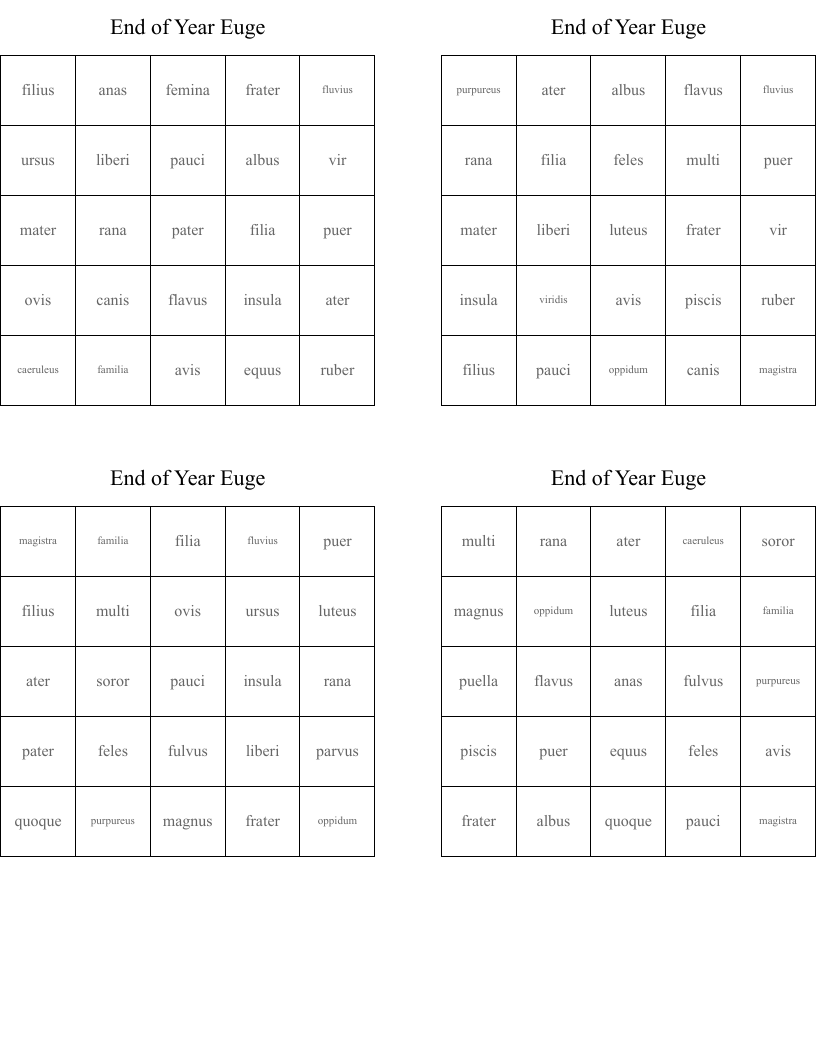 End of Year Euge Bingo Cards