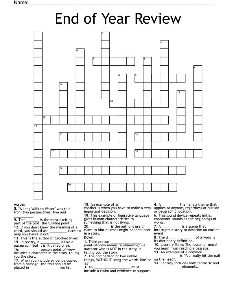 End of Year Review Crossword