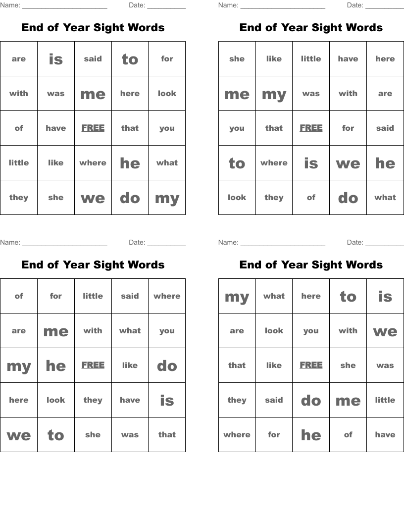 End of Year Sight Words Bingo Cards