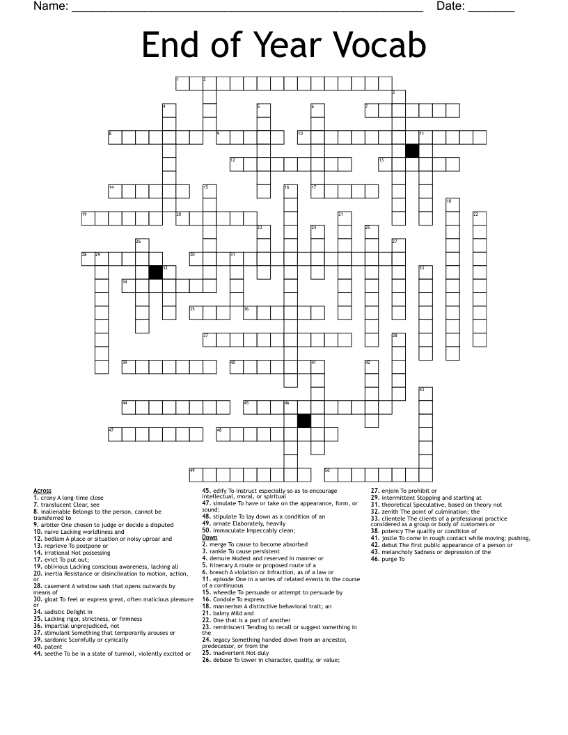 End of Year Vocab Crossword