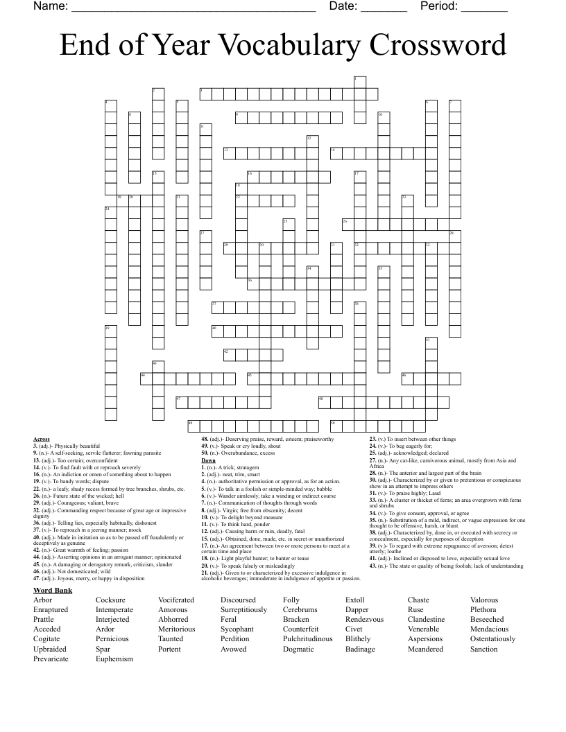 End of Year Vocabulary Crossword