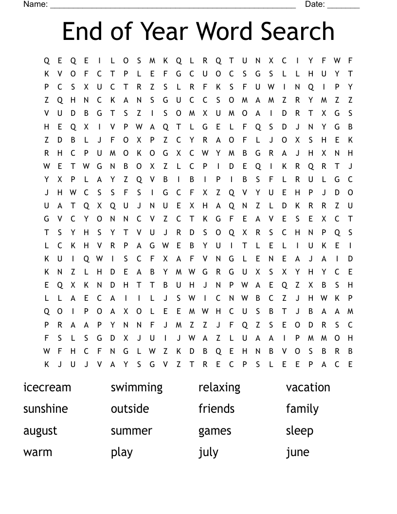 End of Year Word Search