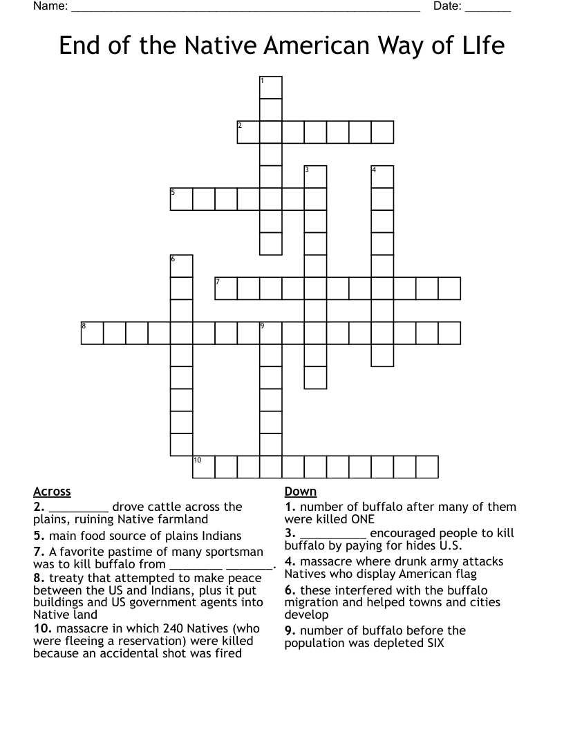 End of the Native American Way of LIfe Crossword