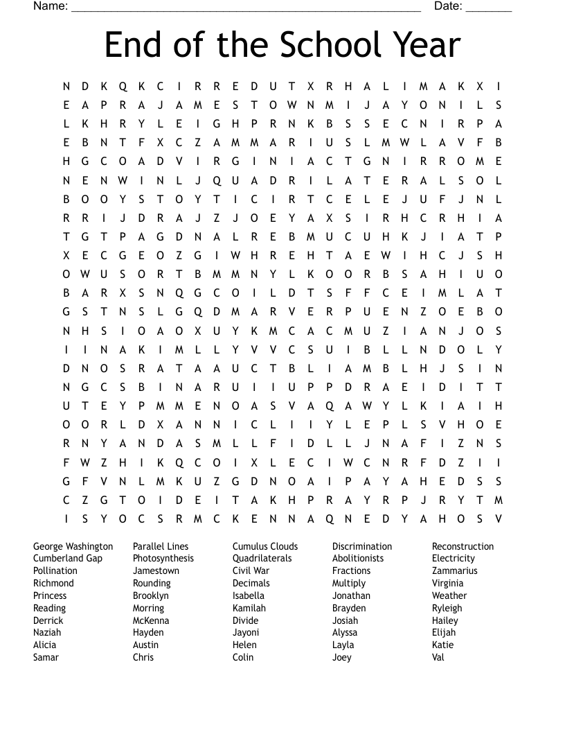 End of the School Year Word Search