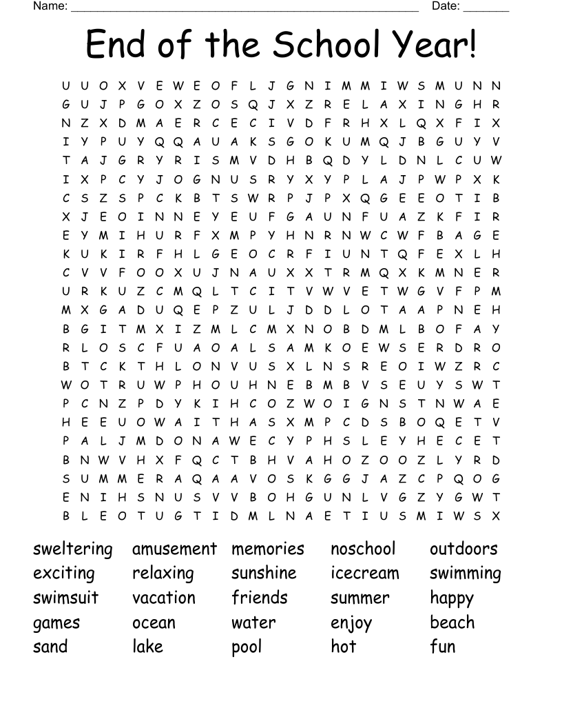 End of the School Year! Word Search