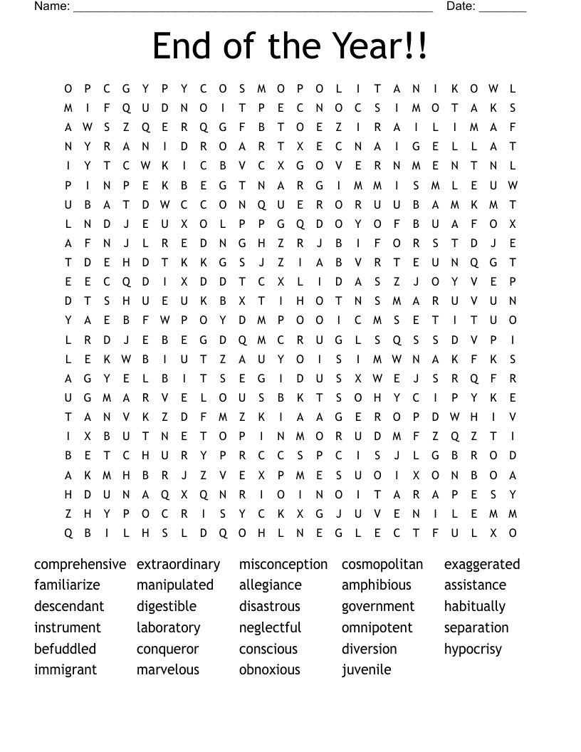 End of the Year!! Word Search