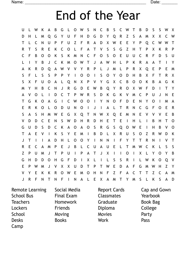 End of the Year Word Search