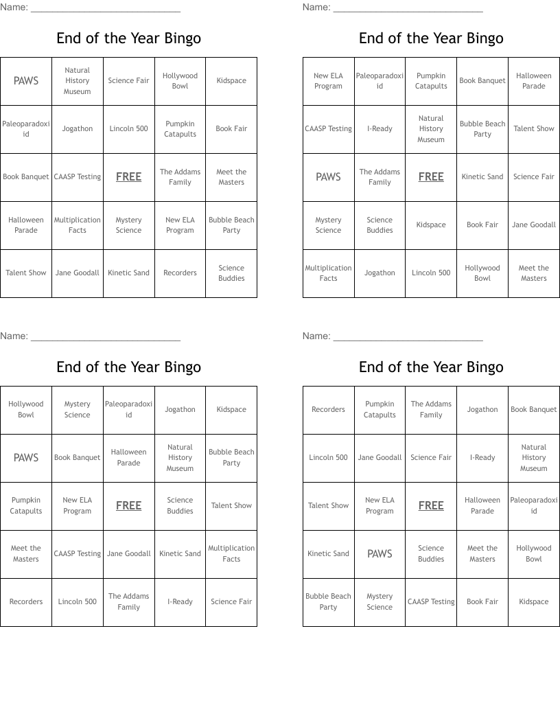 End of the Year Bingo