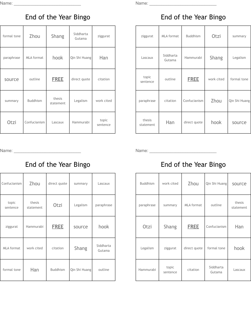 End of the Year Bingo