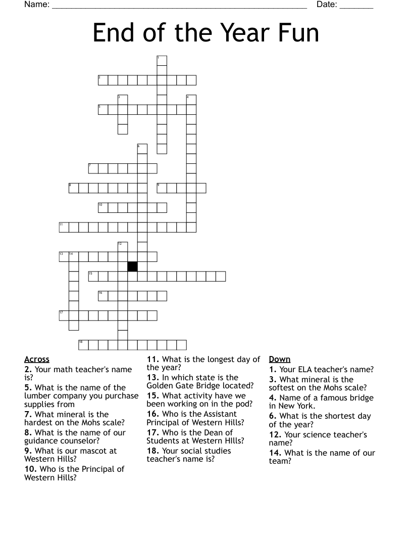 End of the Year Fun Crossword