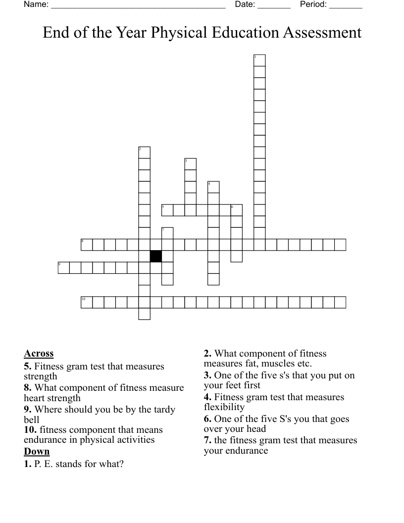 End of the Year Physical Education Assessment Crossword