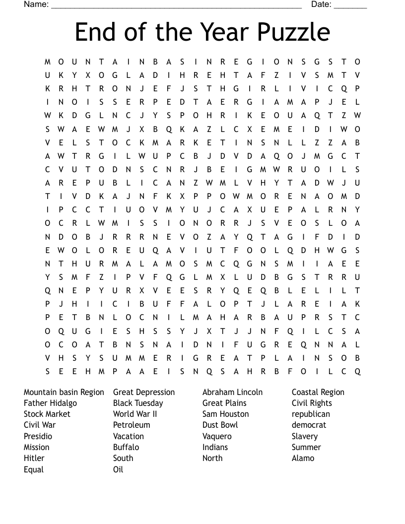 End of the Year Puzzle Word Search