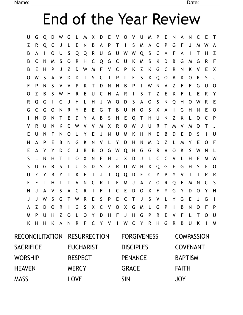 End of the Year Review Word Search