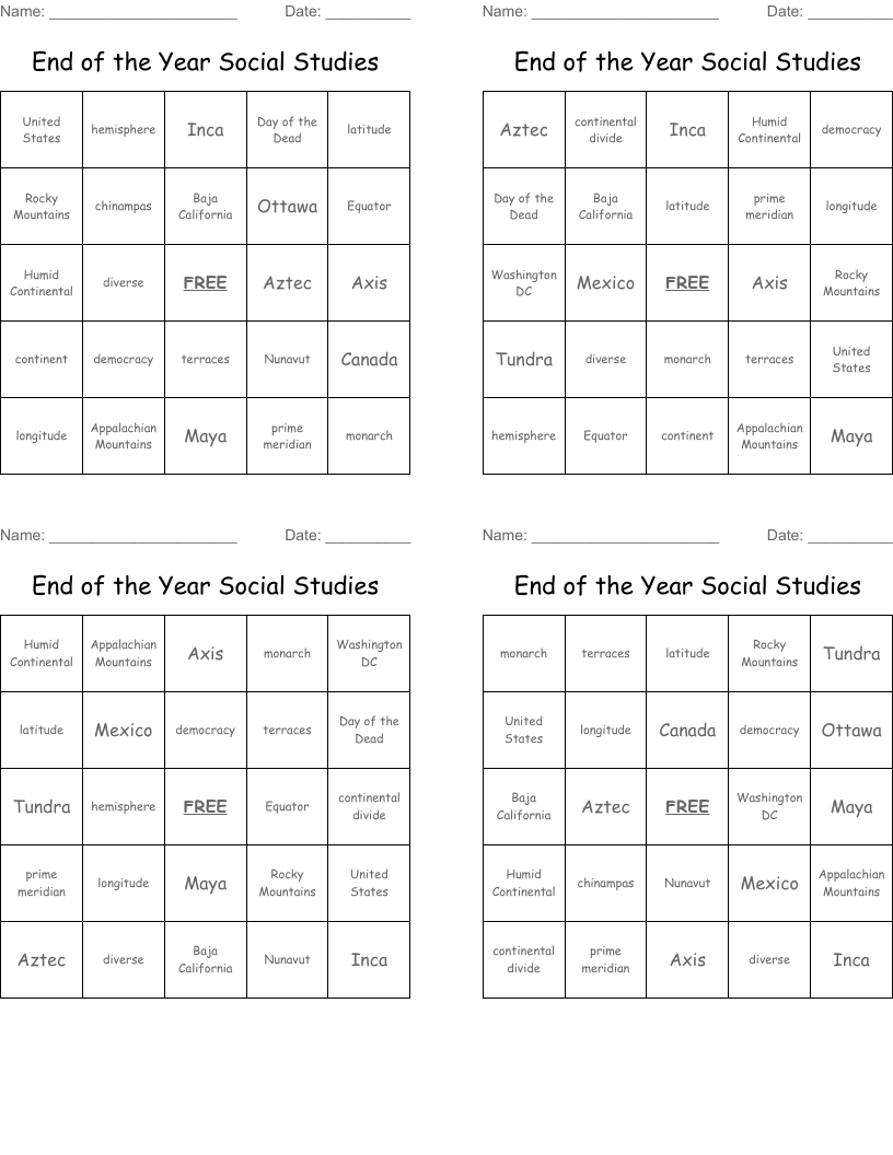 End of the Year Social Studies Bingo Cards