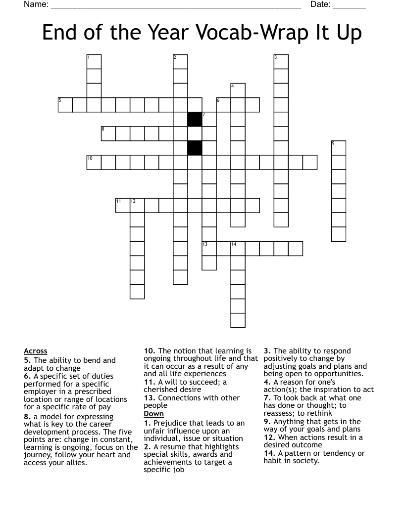 End of the Year Vocab-Wrap It Up Crossword