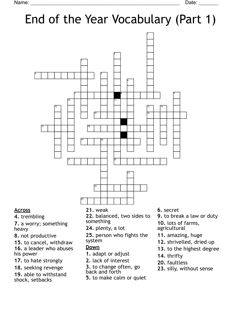End of the Year Vocabulary (Part 1) Crossword