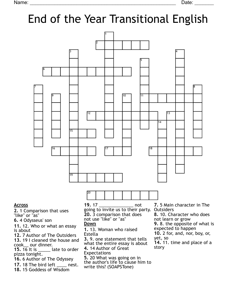End of the Year   Transitional English Crossword