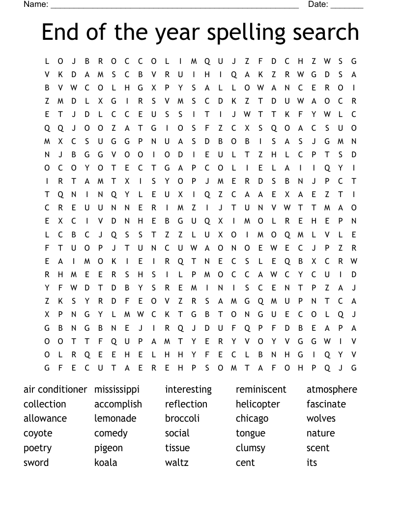 End of the year spelling search Word Search